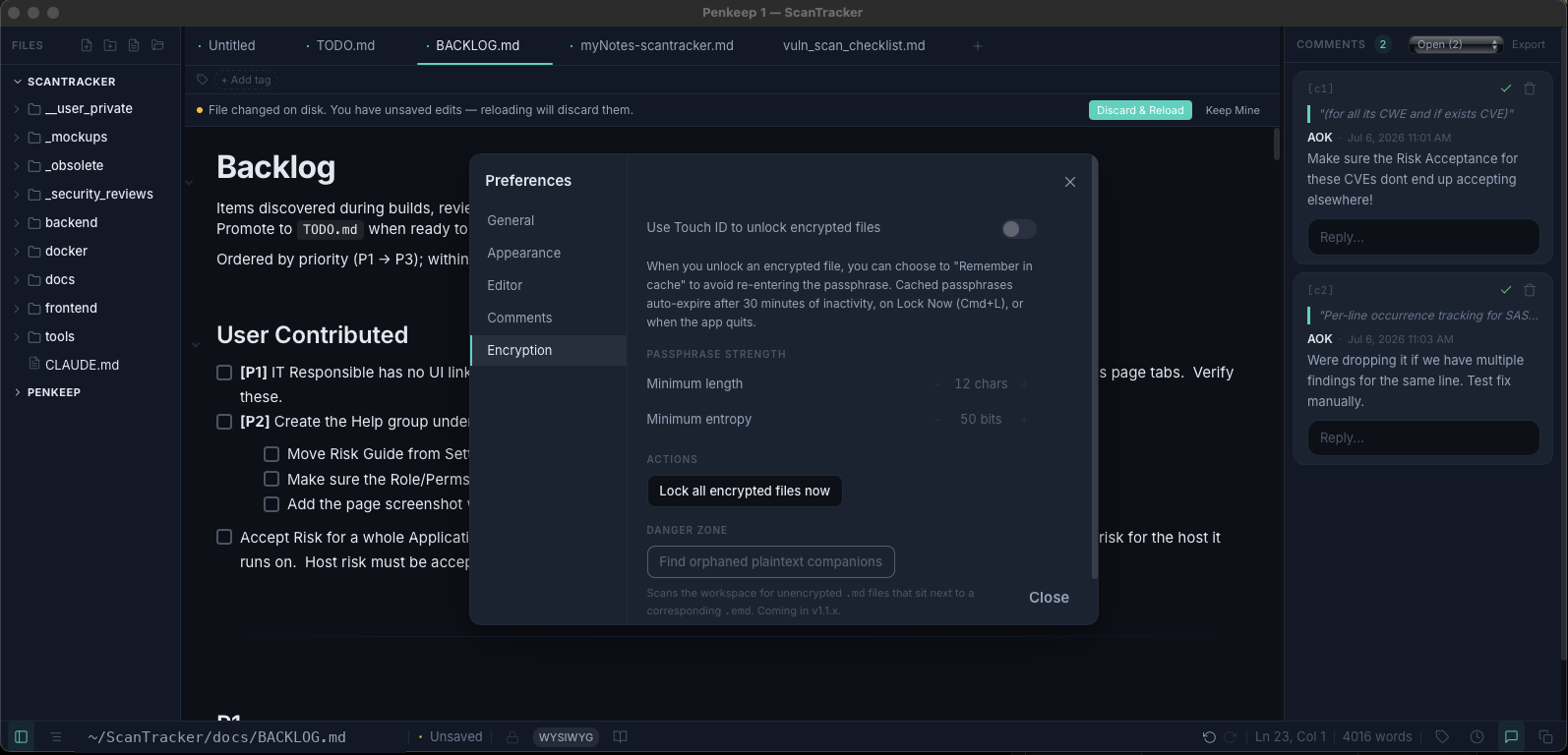 Penkeep on macOS — inline comment threads on the right, with the per-file encryption settings open: Touch ID unlock, passphrase-strength rules and lock-all.